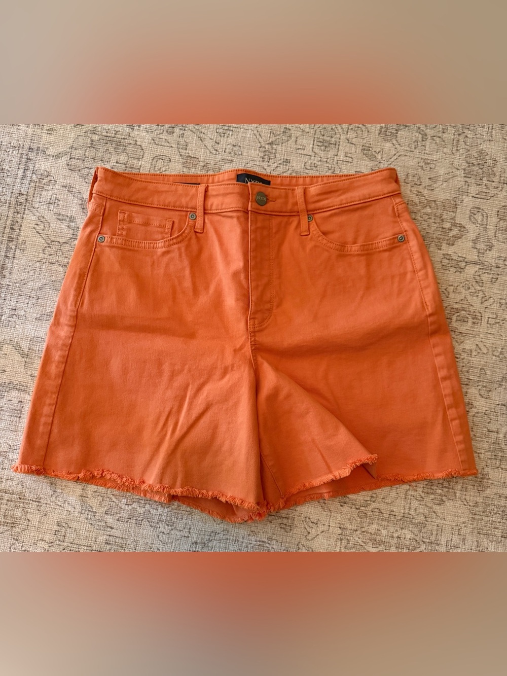 NYDJ Bright Orange Frayed Hem Jean Shorts